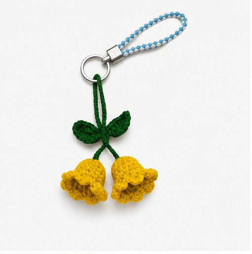 Handmade Crochet Twin Bell Flower Keychain | Floral Bag Charm & Gift Accessory