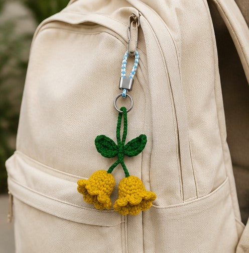 Handmade Crochet Twin Bell Flower Keychain | Floral Bag Charm & Gift Accessory