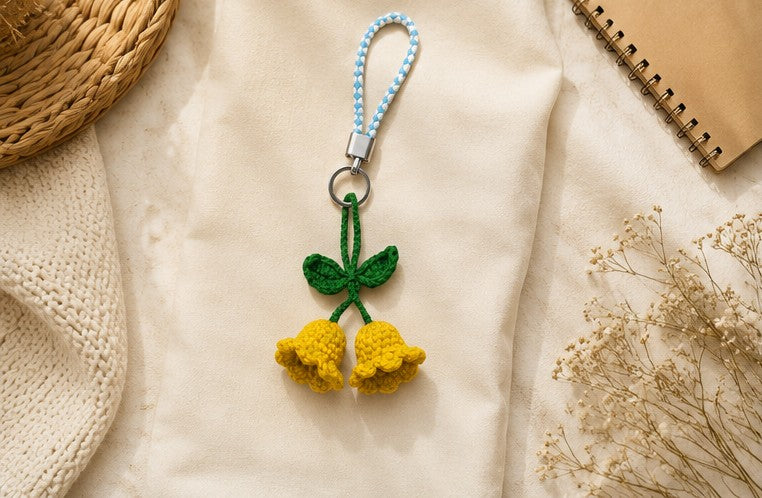 Handmade Crochet Twin Bell Flower Keychain | Floral Bag Charm & Gift Accessory