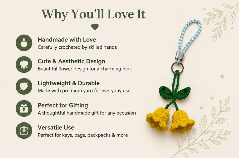 Handmade Crochet Twin Bell Flower Keychain | Floral Bag Charm & Gift Accessory