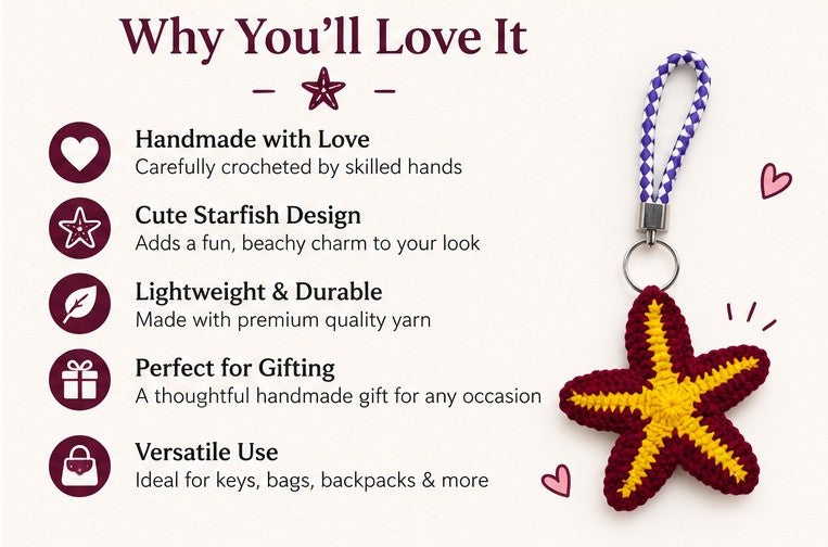 Handmade Crochet Starfish Keychain | Ocean-Inspired Bag Charm & Gift Accessory