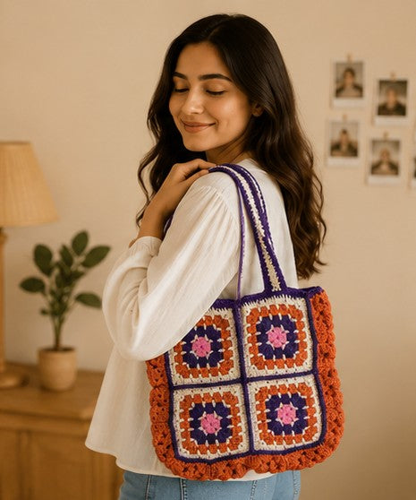 Handmade Crochet Granny Square Tote Bag – Aesthetic Shoulder Bag | Reusable Boho Handbag for Everyday Use