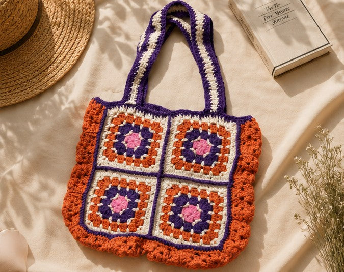 Handmade Crochet Granny Square Tote Bag – Aesthetic Shoulder Bag | Reusable Boho Handbag for Everyday Use