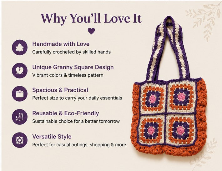 Handmade Crochet Granny Square Tote Bag – Aesthetic Shoulder Bag | Reusable Boho Handbag for Everyday Use