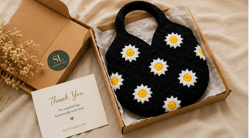 Gift box having Handmade black crochet shoulder bag featuring white and yellow daisy granny square floral pattern for everyday use.