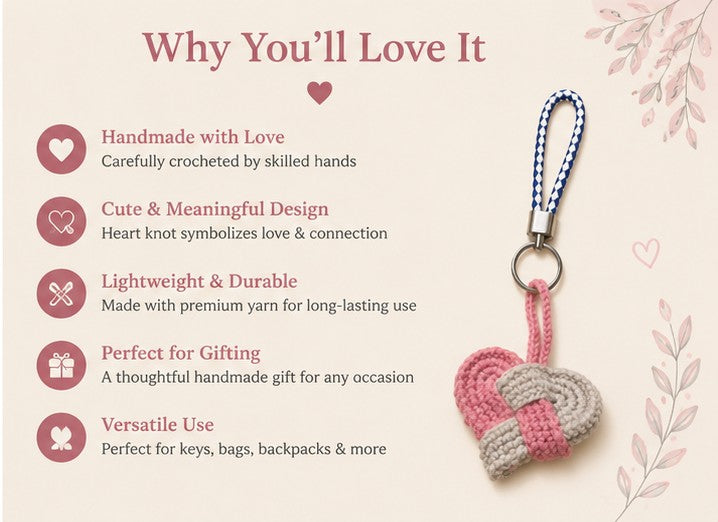 Handmade Crochet Heart Knot Keychain | Cute Bag Charm & Gift Accessory