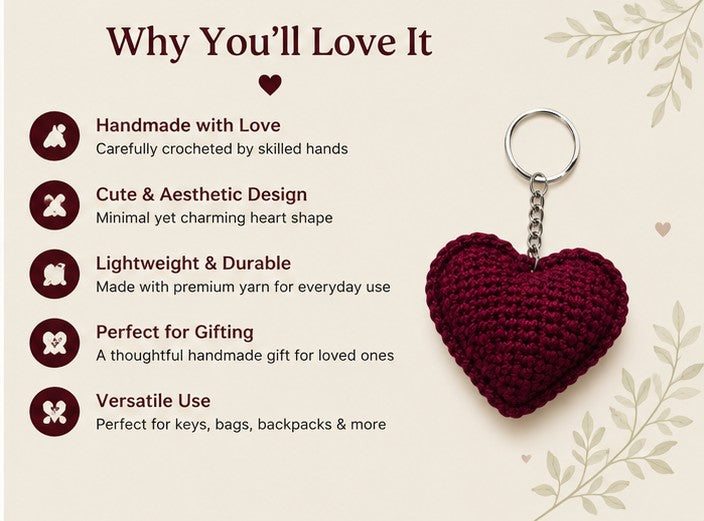 Handmade Crochet Heart Keychain – Cute Heart Bag Charm | Aesthetic Gift for Bags, Keys & Backpacks