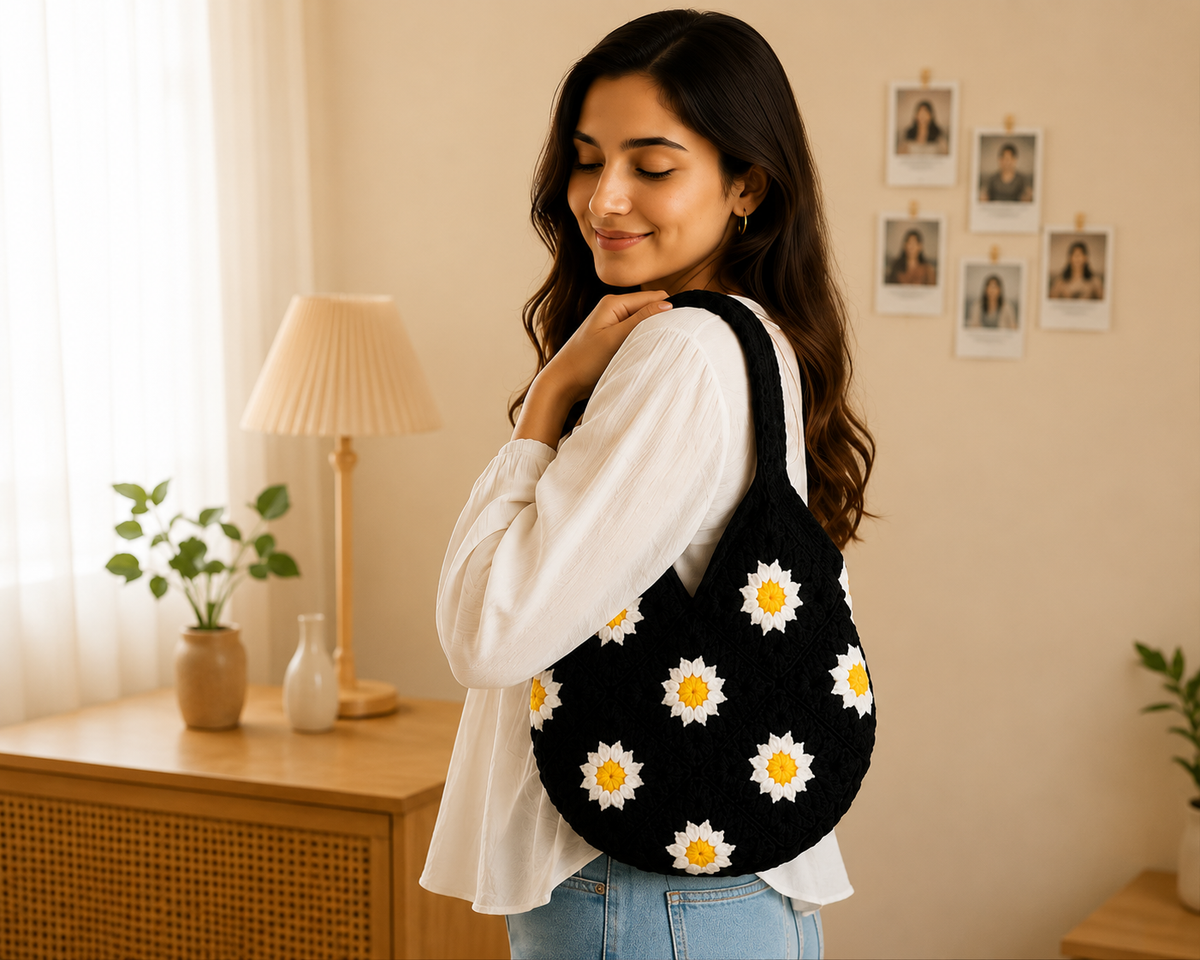 Woman carrying Handmade black crochet shoulder bag featuring white and yellow daisy granny square floral pattern for everyday use.