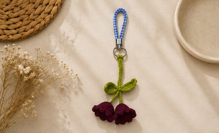 Handmade Crochet Twin Bell Flower Keychain | Floral Bag Charm & Gift Accessory